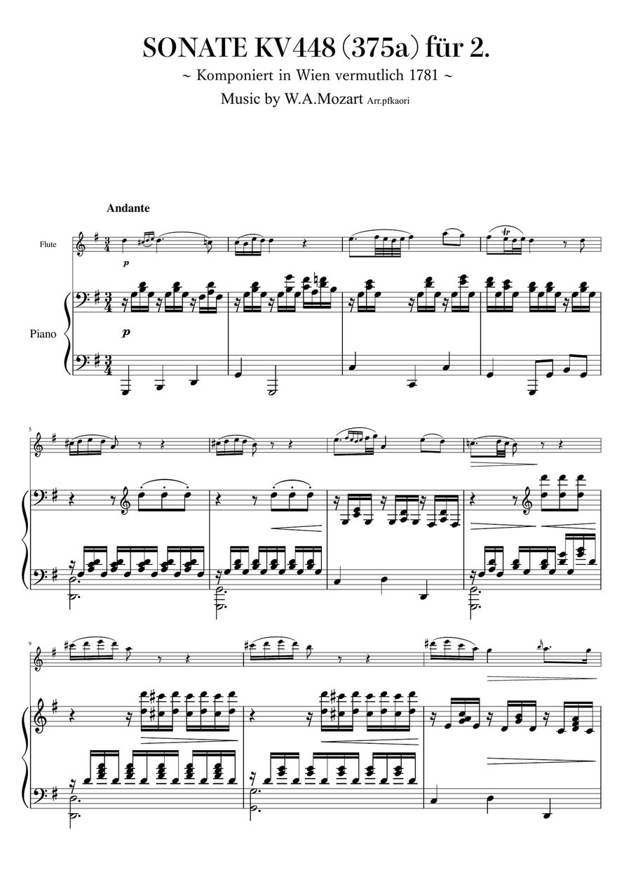 Sonta for 2 Pianos D major 2nd mov. Andante KV448 6.375a / Flute & Piano Flute Solo scores gallery preview page 1