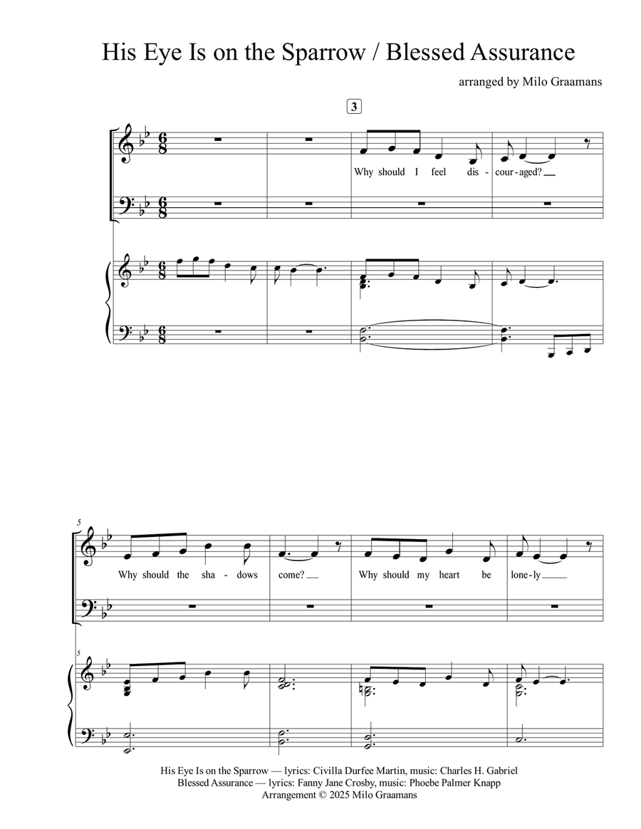 His Eye Is On the Sparrow / Blessed Assurance 4-Part scores gallery preview page 1