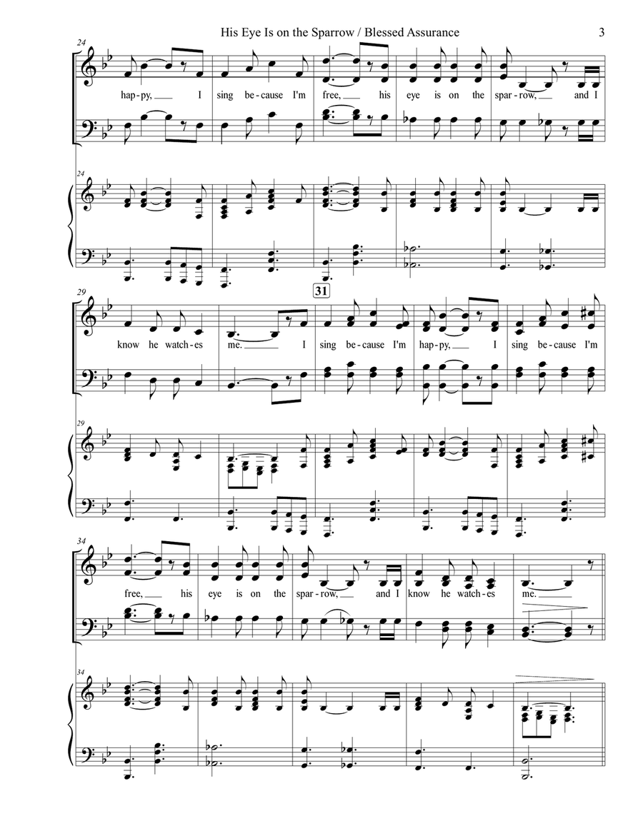 His Eye Is On the Sparrow / Blessed Assurance 4-Part scores gallery preview page 3