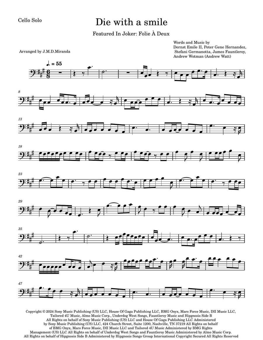 Die With A Smile Die With A Smile Cello Solo scores gallery preview page 1