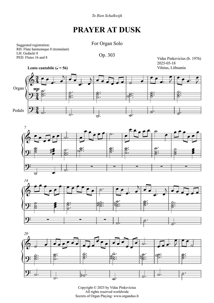 Prayer at Dusk, Op. 303 (Organ Solo) by Vidas Pinkevicius Organ Solo scores gallery preview page 1