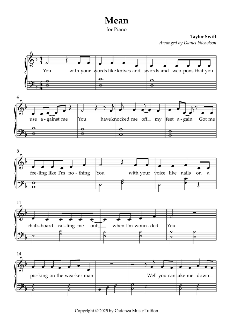 Mean Mean Easy Piano scores gallery preview page 1