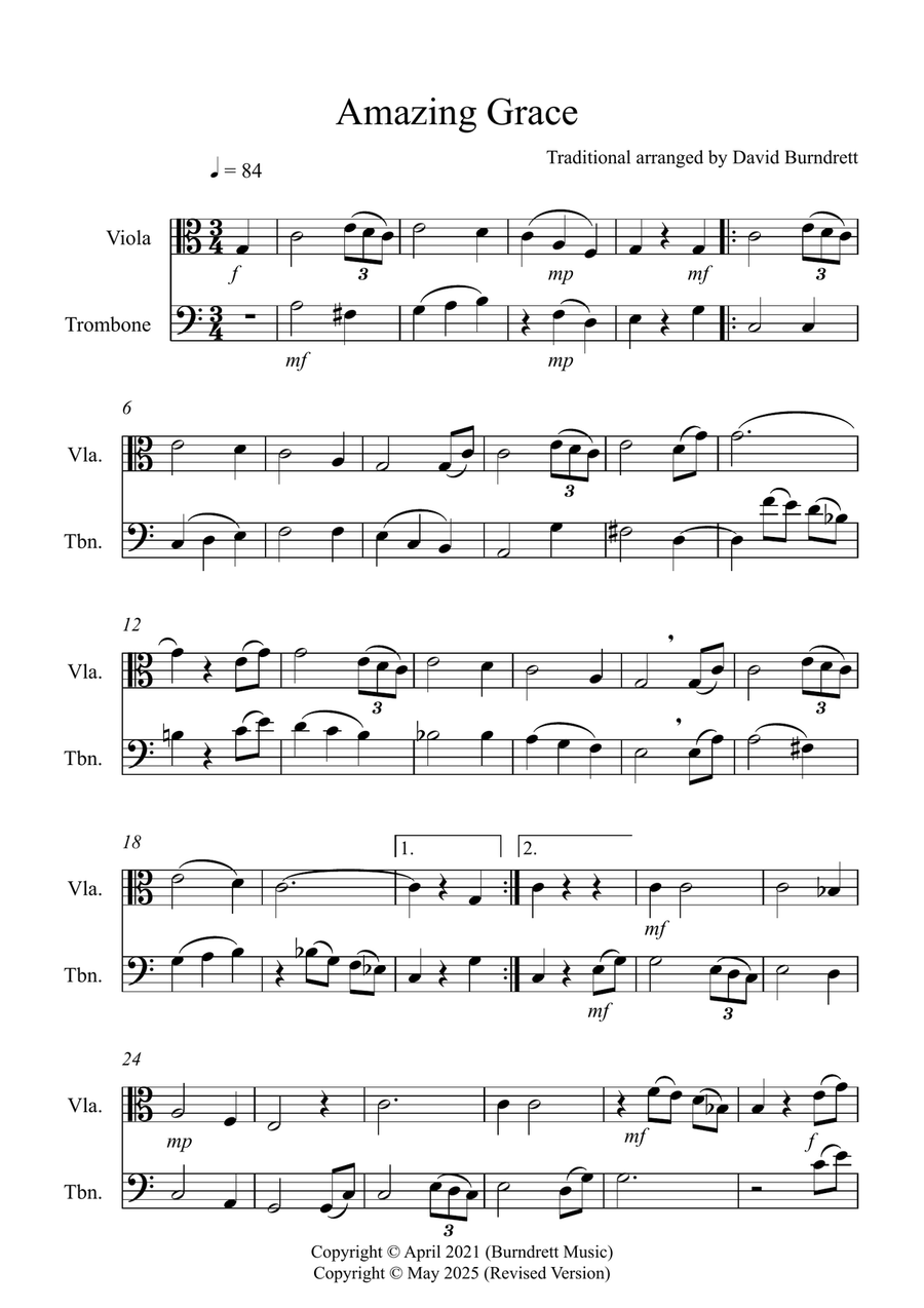 Amazing Grace for Viola and Trombone Duet Trombone scores gallery preview page 1
