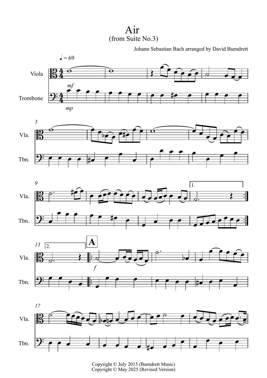 Air on a G String for Viola and Trombone Duet Trombone scores gallery preview page 1