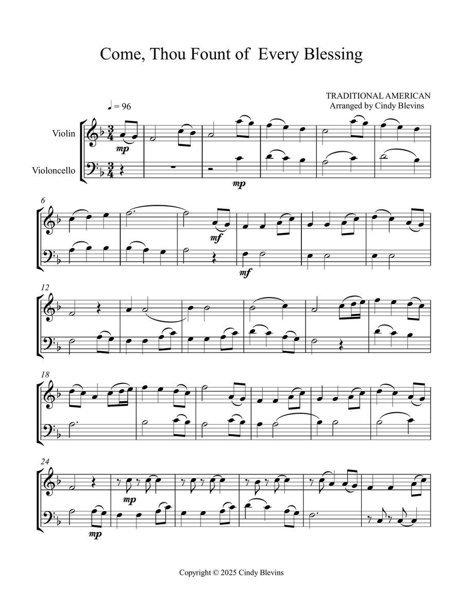 Come, Thou Fount of Every Blessing, for Violin and Cello String Duet scores gallery preview page 3