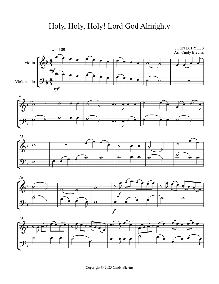 Holy, Holy, Holy! Lord God Almighty, for Violin and Cello String Duet scores gallery preview page 3