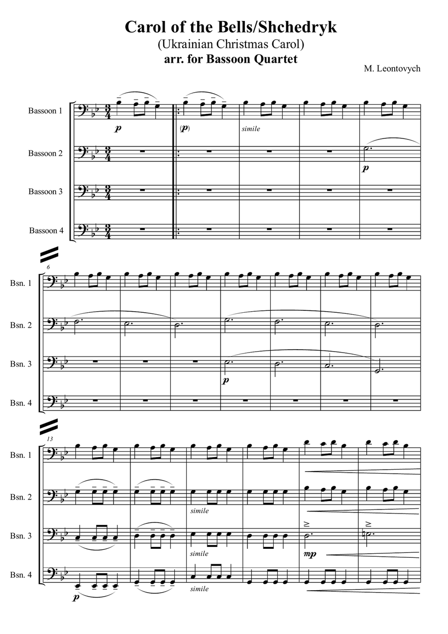 M. Leontovych - Shchedryk/Carol of the Bells (Ukrainian Christmas Carol), arr. for Bassoon Quartet Bassoon Quartet scores gallery preview page 1