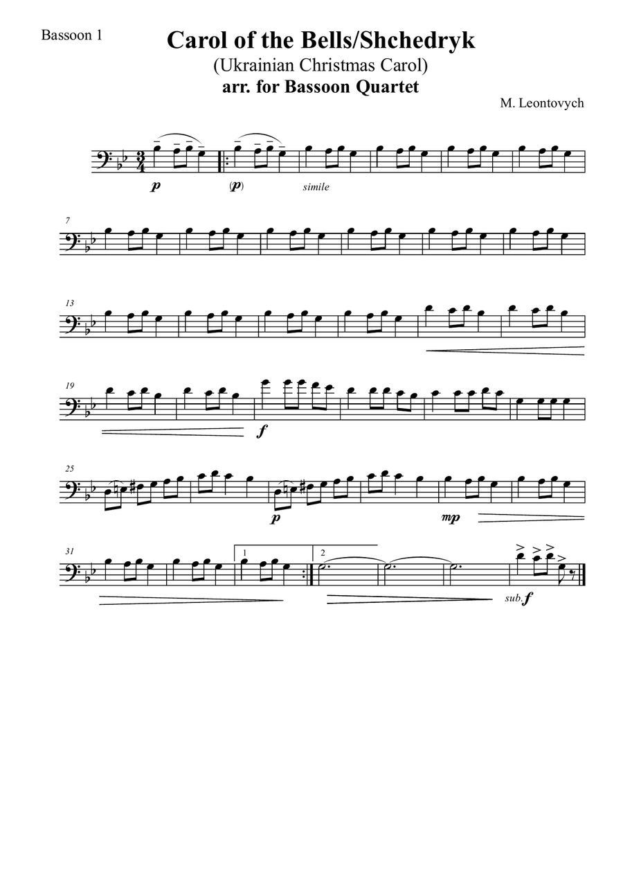 M. Leontovych - Shchedryk/Carol of the Bells (Ukrainian Christmas Carol), arr. for Bassoon Quartet Bassoon Quartet scores gallery preview page 3