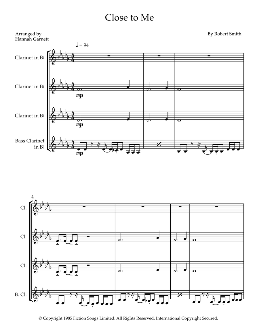 Close To Me Clarinet Quartet scores gallery preview page 1