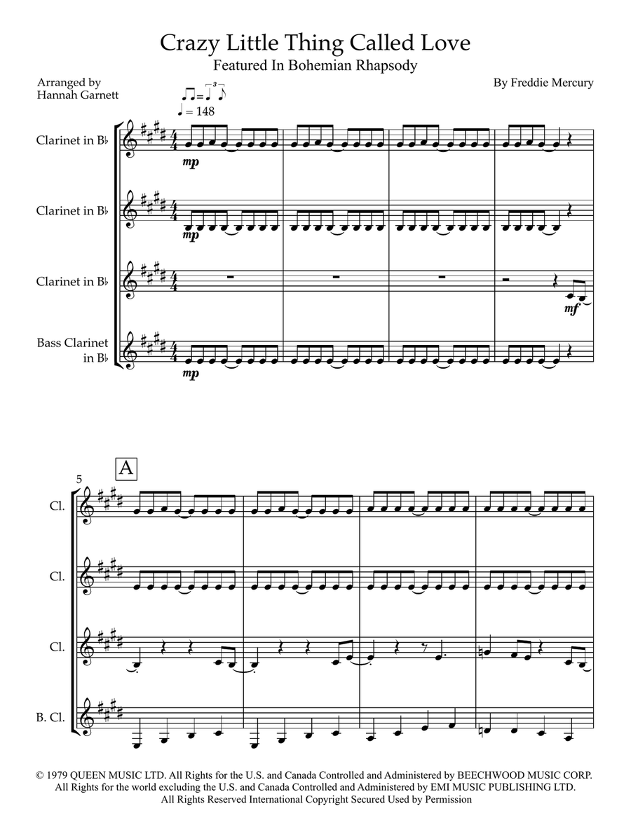 Crazy Little Thing Called Love Clarinet Quartet scores gallery preview page 1