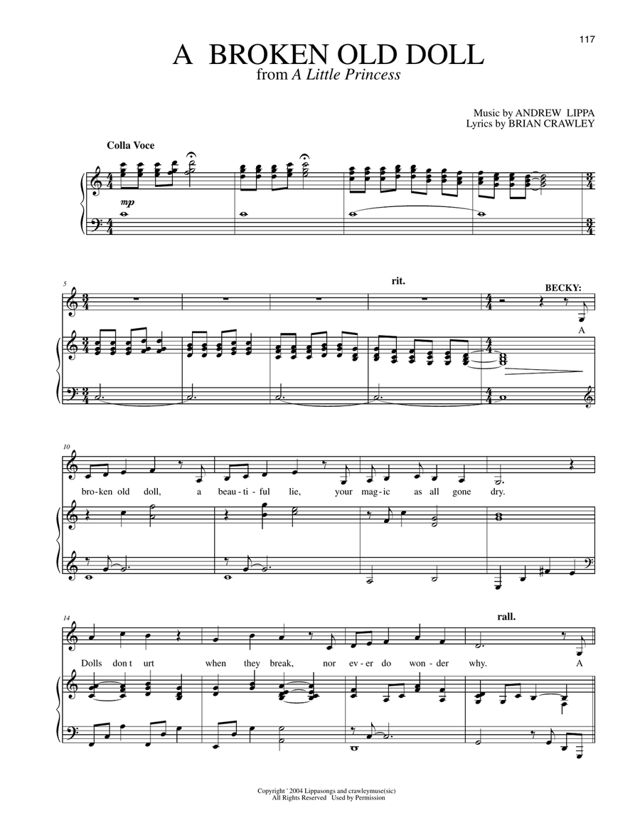 A Broken Old Doll (from A Little Princess) Piano, Vocal scores gallery preview page 1