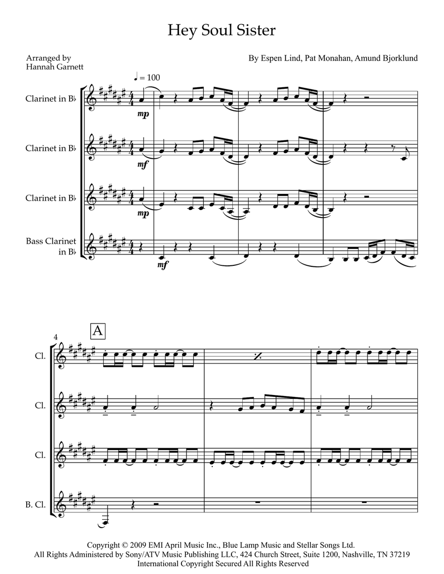 Hey, Soul Sister Hey, Soul Sister Clarinet Quartet scores gallery preview page 1