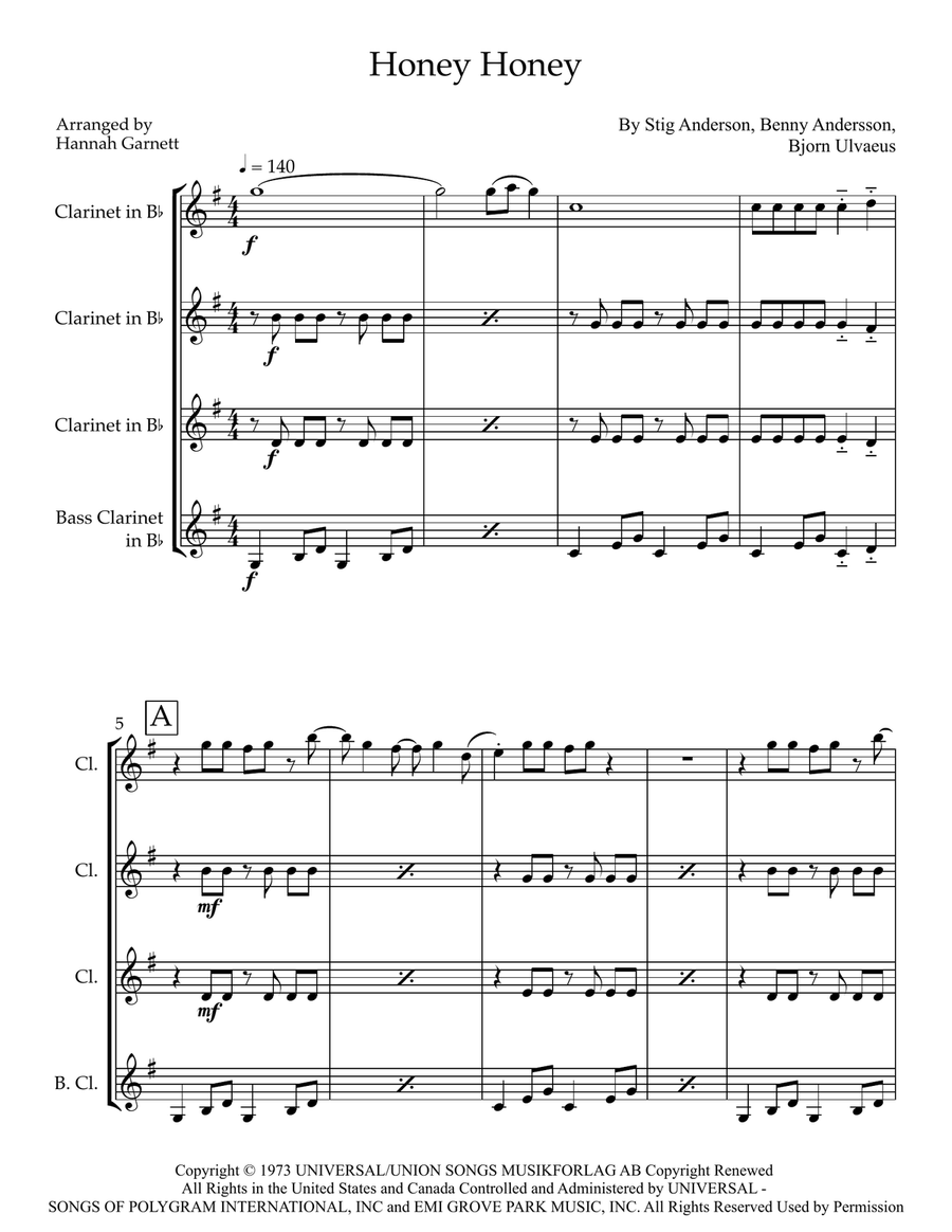 Honey, Honey Honey, Honey Clarinet Quartet scores gallery preview page 1