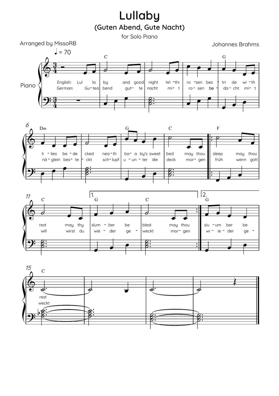 Lullaby - Solo Piano in C Major With Chords & Lyrics in English & German - Beginner/Easy Easy Piano scores gallery preview page 1