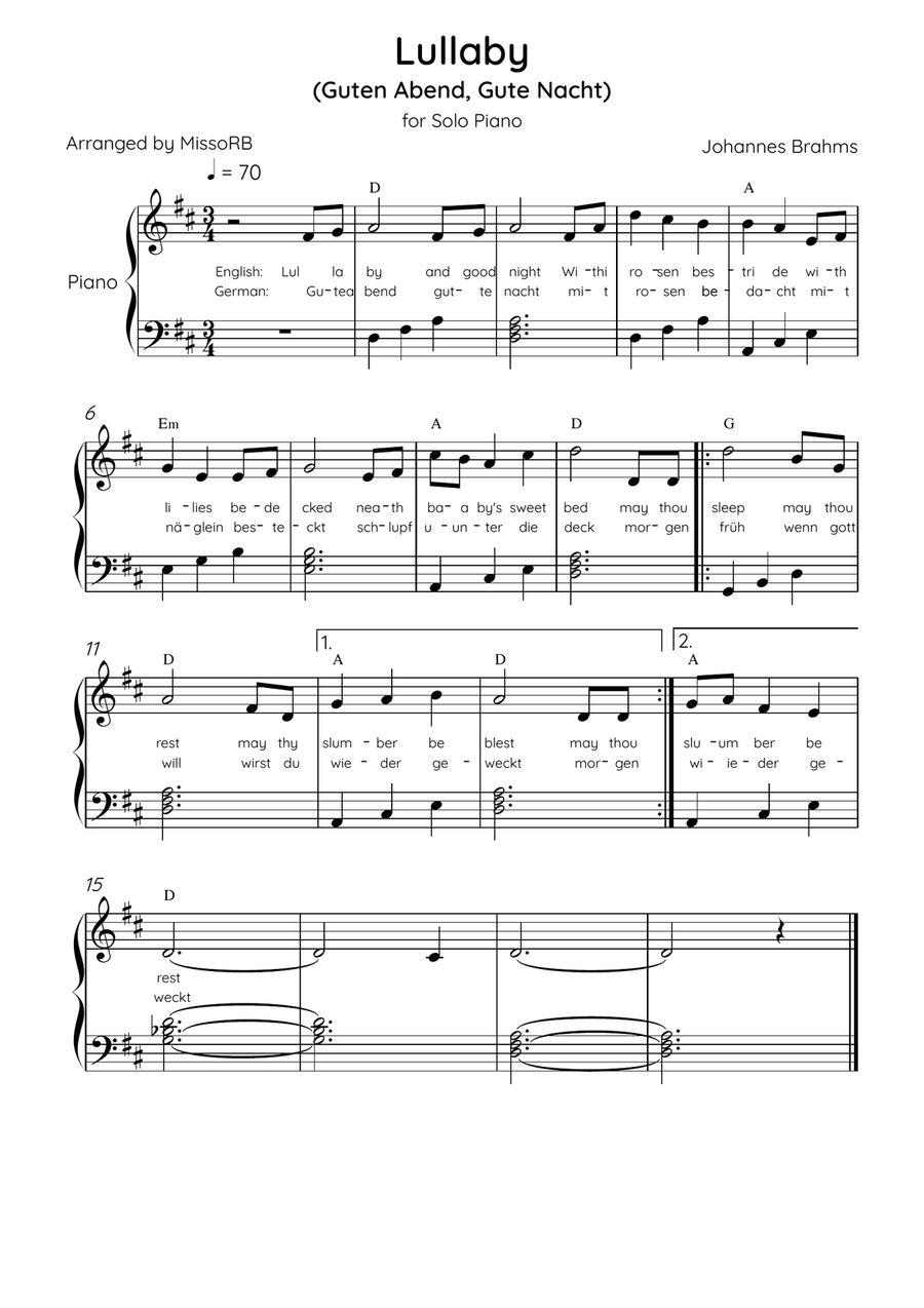 Lullaby - Solo Piano in D Major With Chords & Lyrics in English & German - Beginner/Easy Easy Piano scores gallery preview page 1