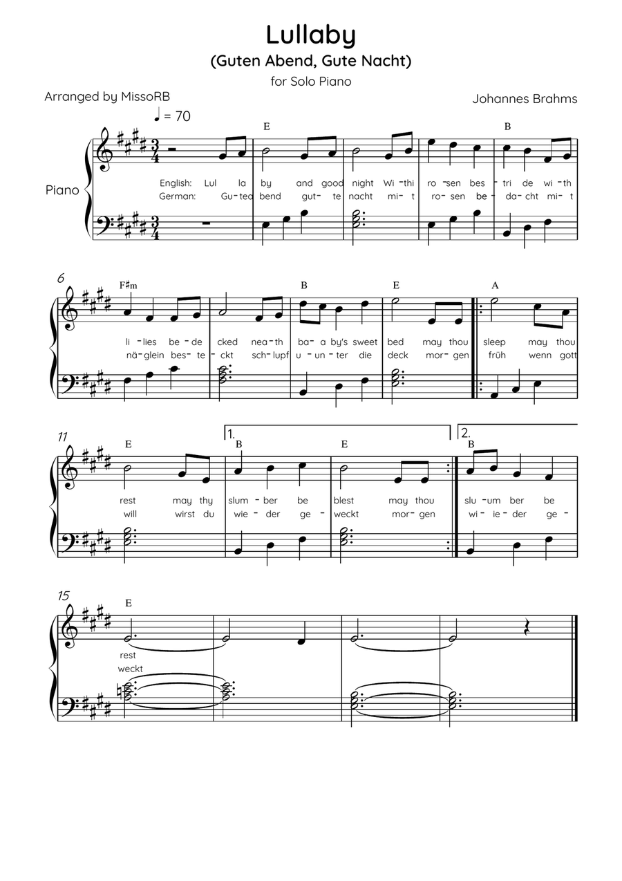 Lullaby - Solo Piano in E Major With Chords & Lyrics in English & German - Beginner/Easy Easy Piano scores gallery preview page 1