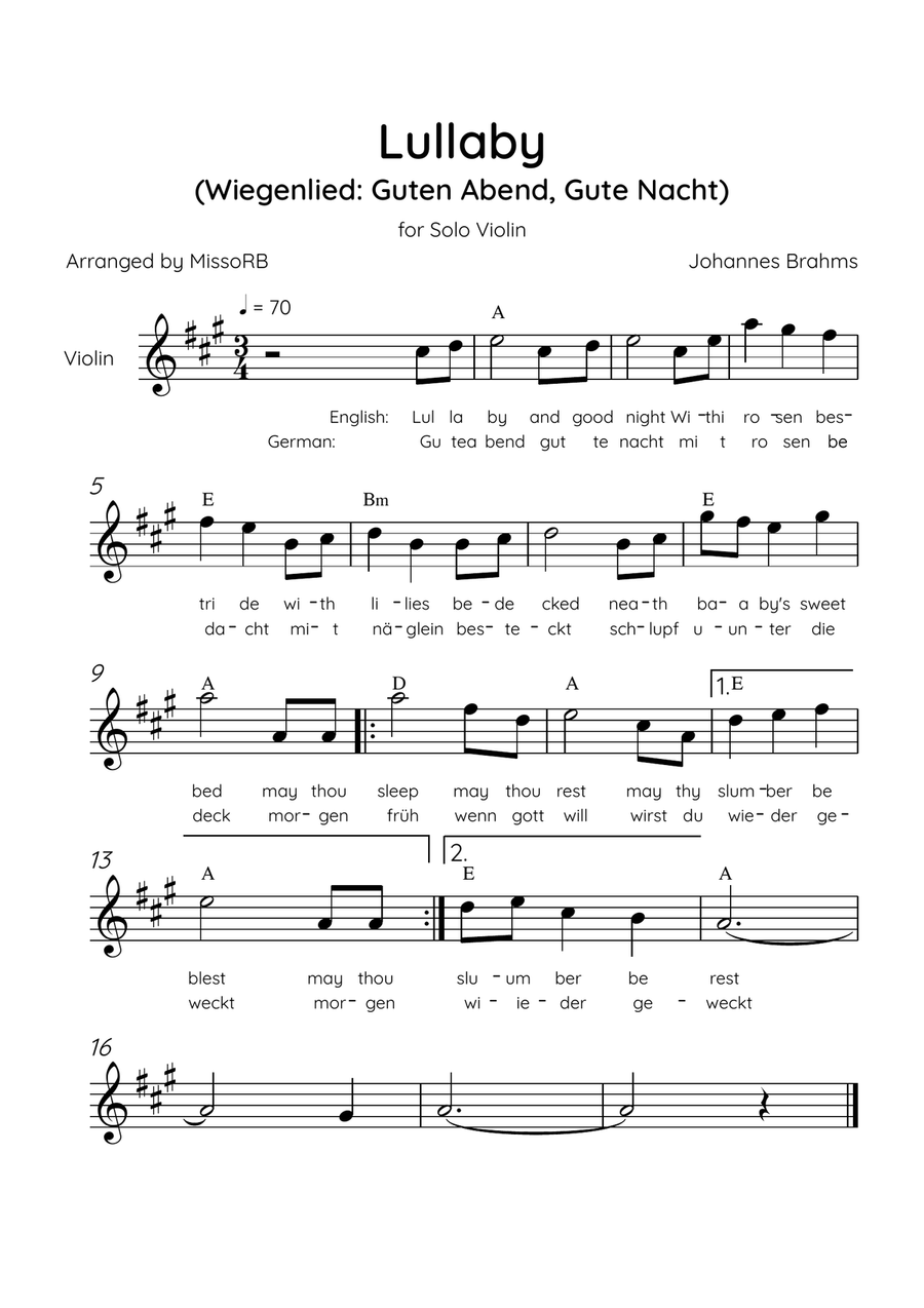 Lullaby - Solo Violin in A Major With Chords & Lyrics in English & German - Beginner/Easy Violin Solo scores gallery preview page 1