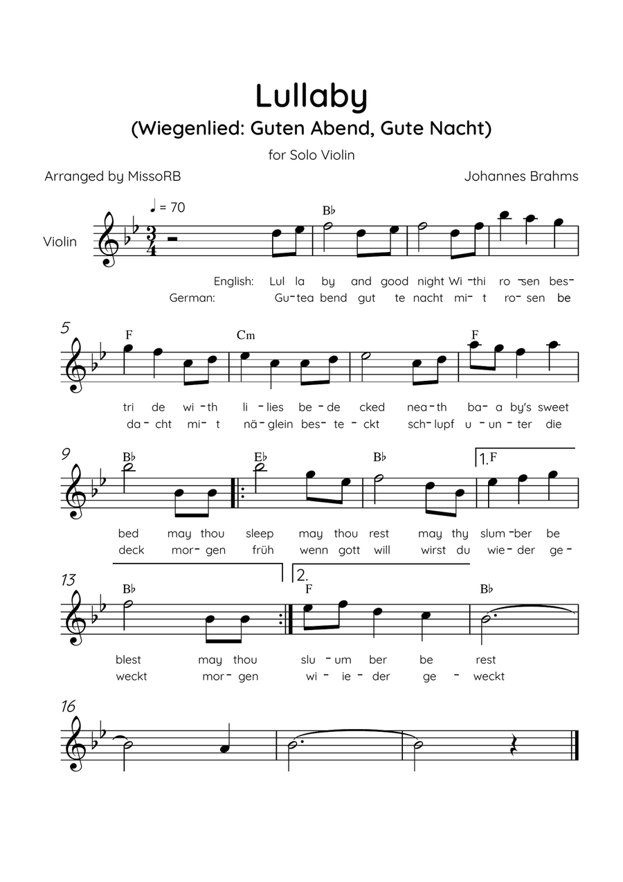 Lullaby - Solo Violin in Bb Major With Chords & Lyrics in English & German - Beginner/Easy Violin Solo scores gallery preview page 1