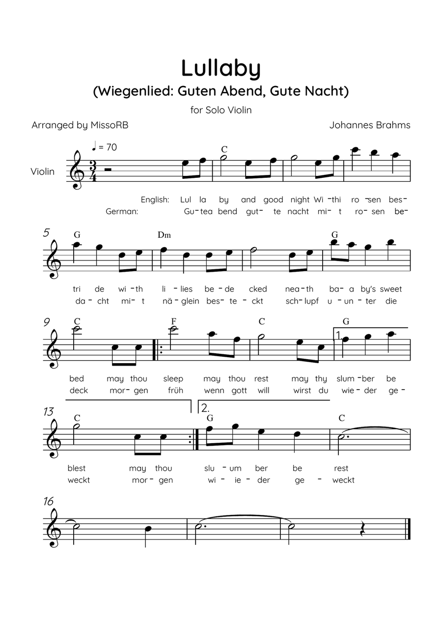 Lullaby - Solo Violin in C Major With Chords & Lyrics in English & German - Beginner/Easy Violin Solo scores gallery preview page 1