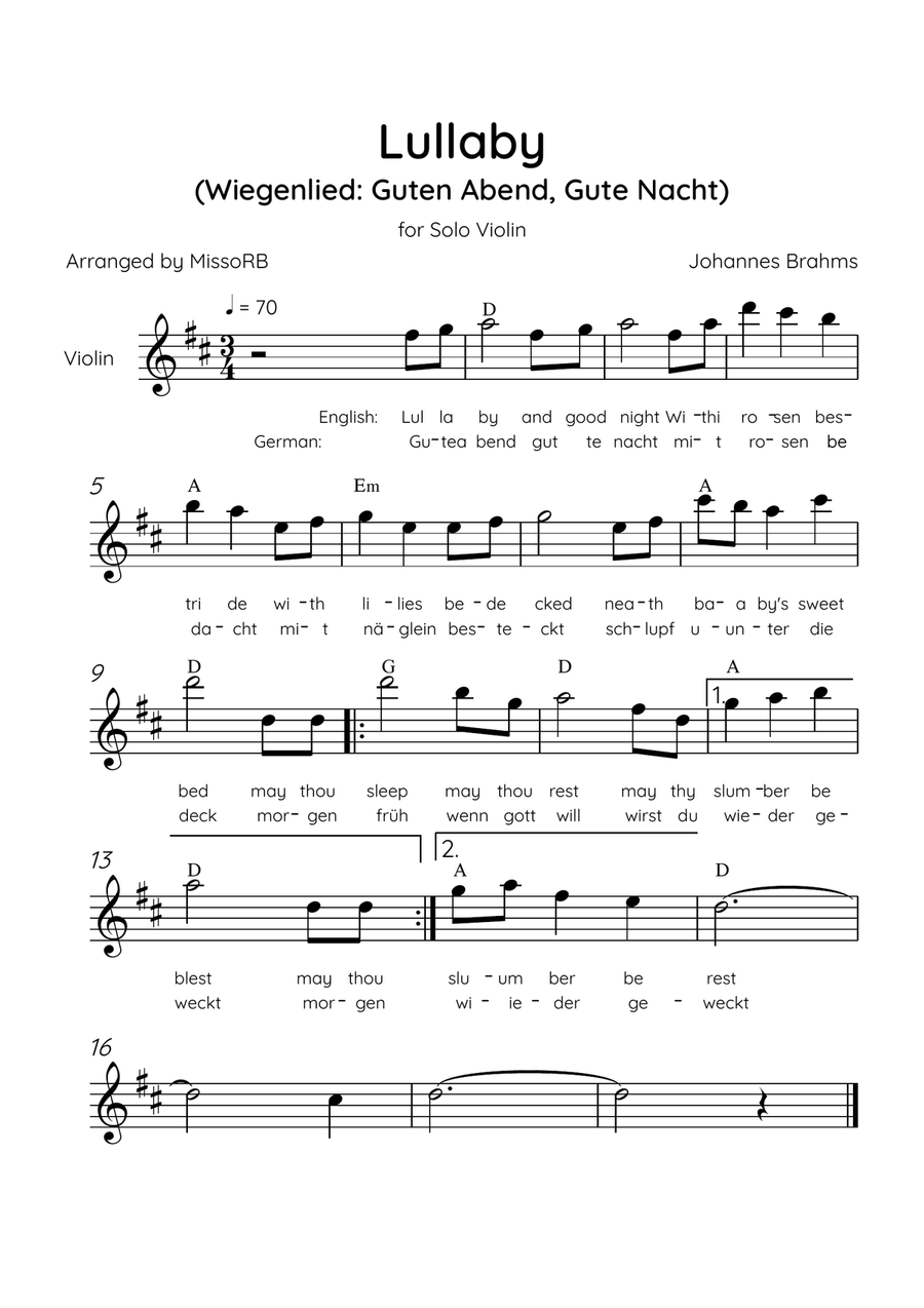 Lullaby - Solo Violin in D Major With Chords & Lyrics in English & German - Beginner/Easy Violin Solo scores gallery preview page 1
