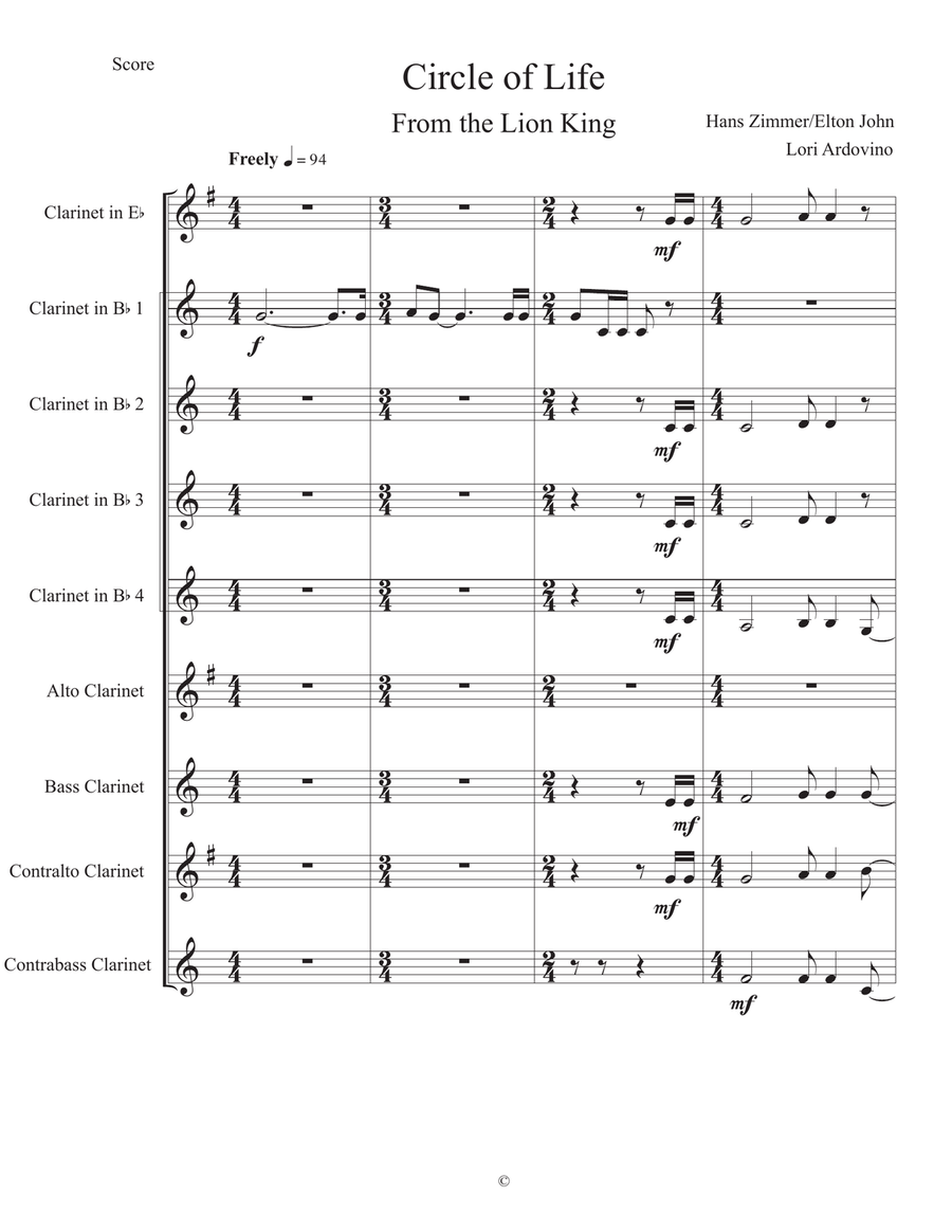 Circle of Life Circle of Life Clarinet Choir scores gallery preview page 1
