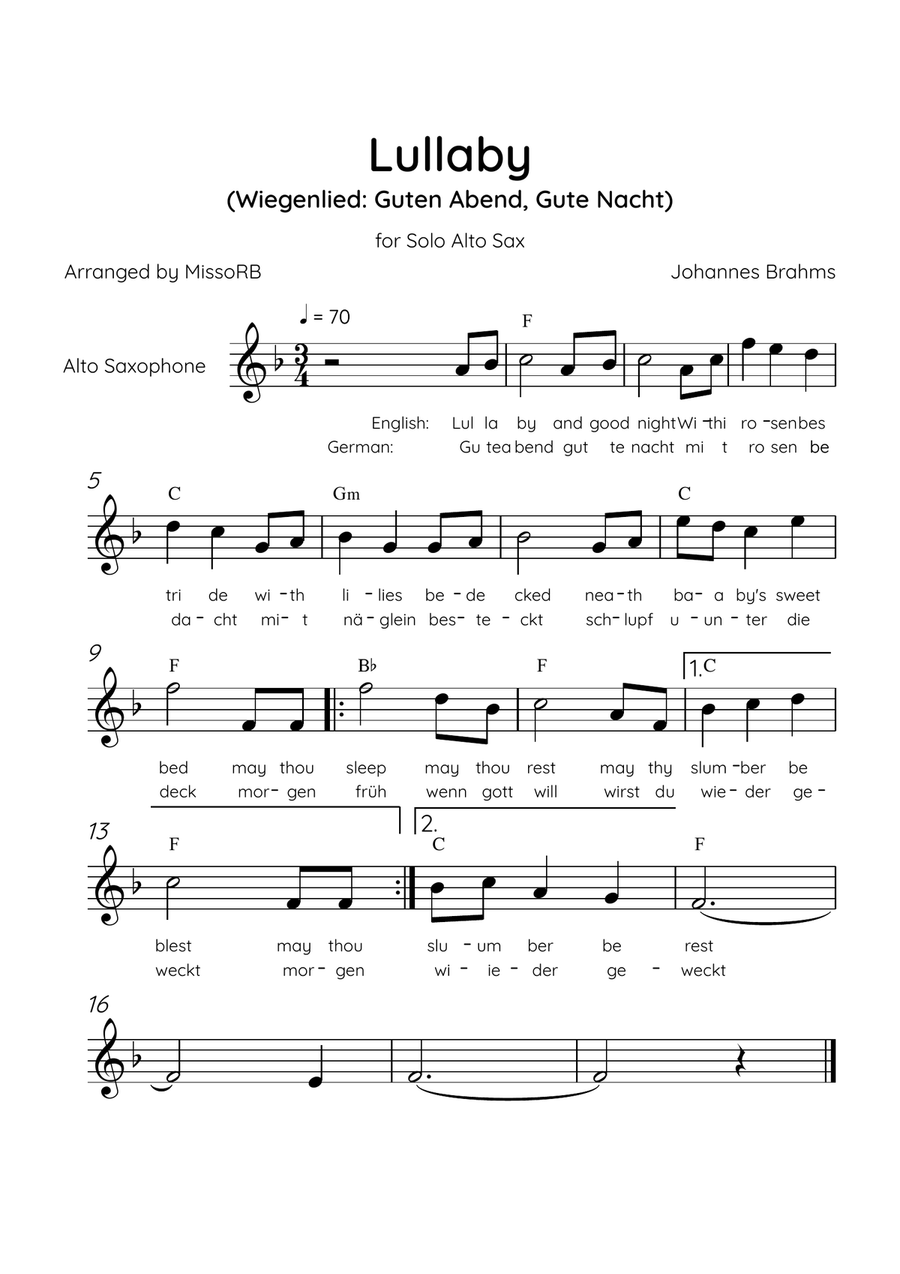 Lullaby - Solo Alto Sax in Ab Major With Chords & Lyrics in English & German - Beginner/Easy Alto Saxophone scores gallery preview page 1
