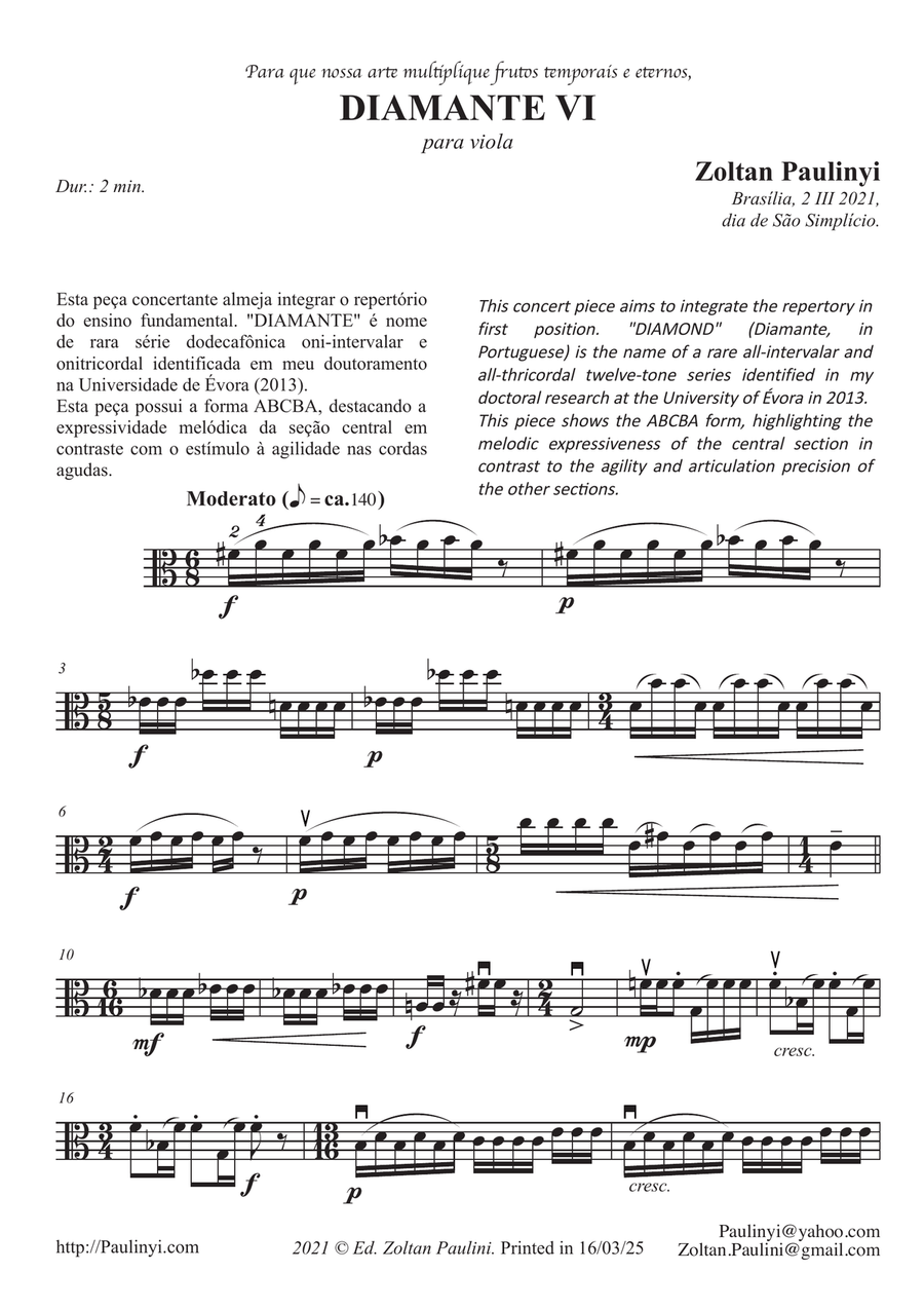 Diamond n.06 for beginner solo viola (grade 3-5) in contemporary Brazilian style (12-tone series) Viola Solo scores gallery preview page 1