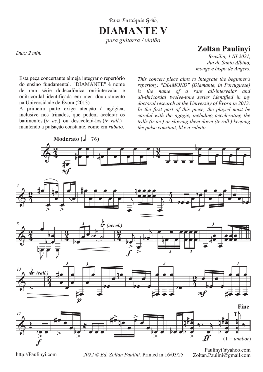 Diamond n.05 for beginner solo guitar (grade 3-5) in contemporary Brazilian style (12-tone series) Easy Guitar scores gallery preview page 1