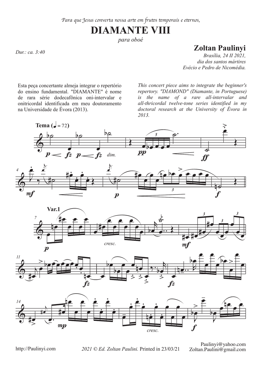 Diamond n.15 for beginner solo oboe (grade 3-5) in contemporary Brazilian style (12-tone series) Oboe Solo scores gallery preview page 1