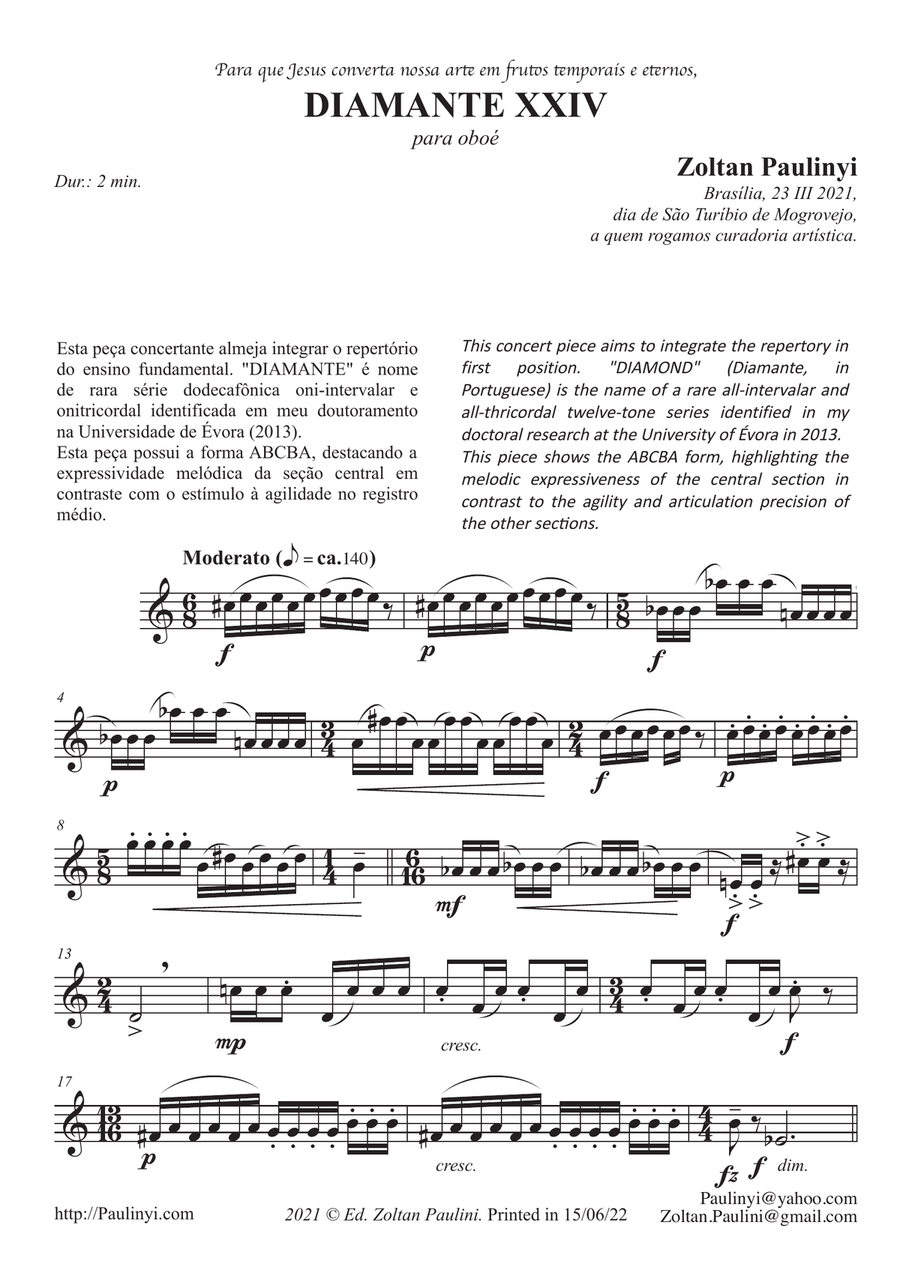 Diamond n.24 for beginner solo oboe (grade 3-5) in contemporary Brazilian style (12-tone series) Oboe Solo scores gallery preview page 1
