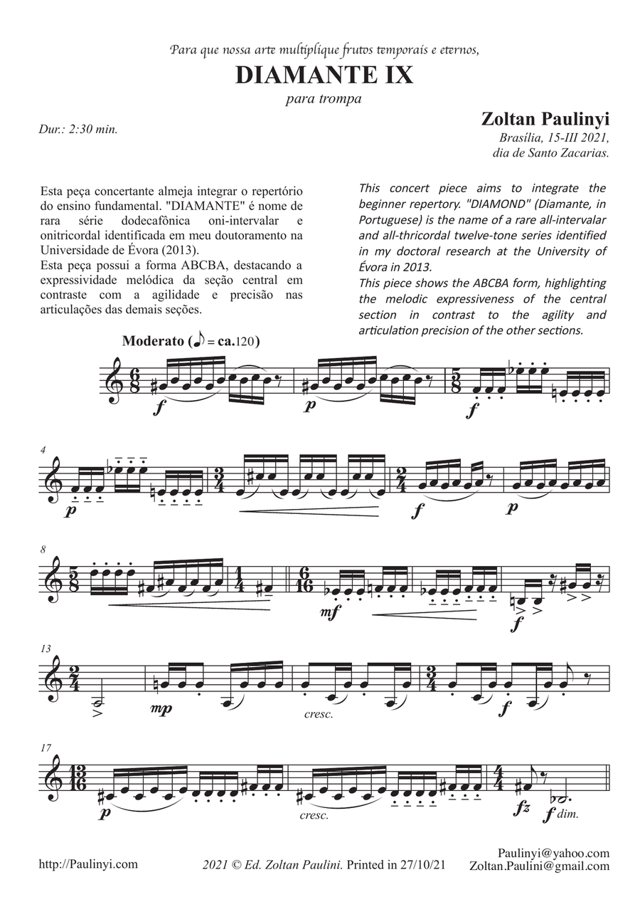 Diamond n.09 for beginner solo French Horn (grade 3-5) in contemp. Brazilian style (12-tone series) Horn Solo scores gallery preview page 1