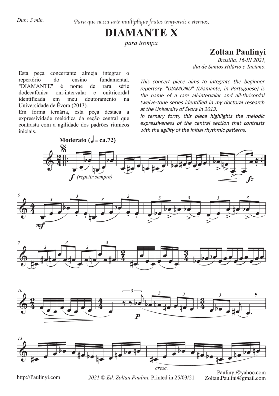 Diamond n.10 for beginner solo French Horn (grade 3-5) in contemp. Brazilian style (12-tone series) Horn Solo scores gallery preview page 1