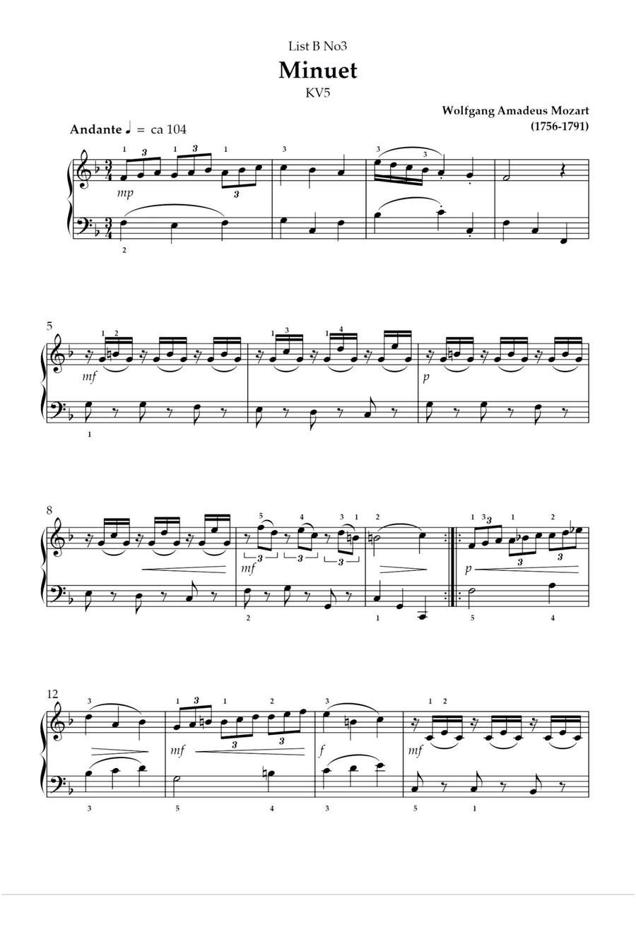 Minuet KV5 - Wolfgang Amadeus Mozart Piano Solo scores gallery preview page 1