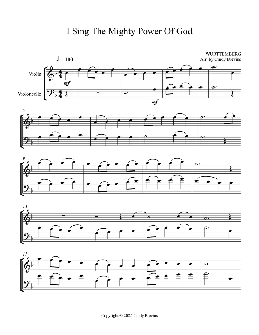 I Sing the Mighty Power of God, for Violin and Cello String Duet scores gallery preview page 3