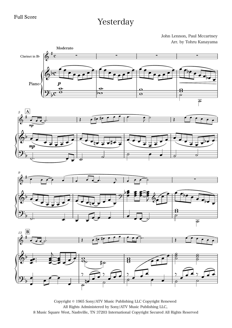 Yesterday Yesterday B-Flat Clarinet scores gallery preview page 1