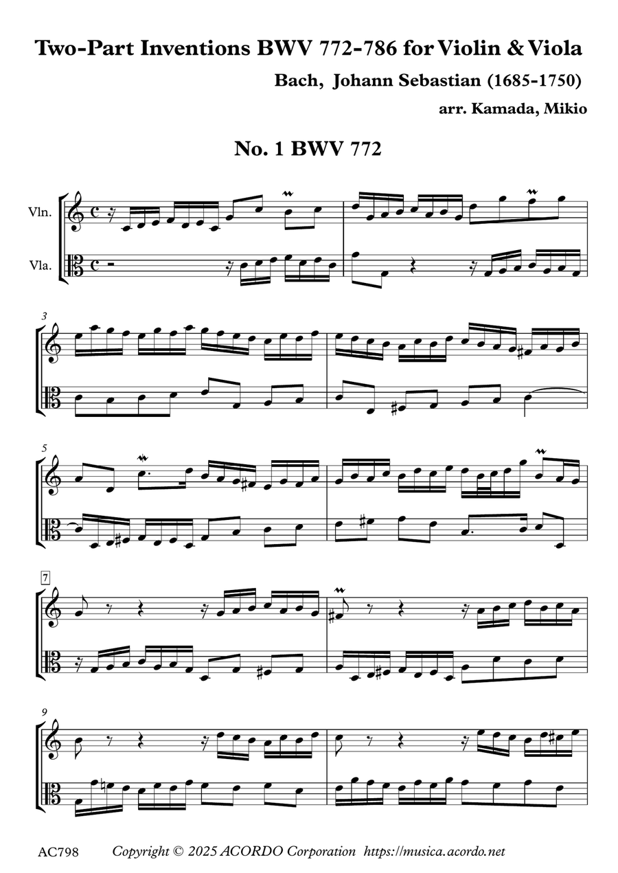 Two-Part Inventions BWV 772-786 for Violin & Viola String Duet scores gallery preview page 1