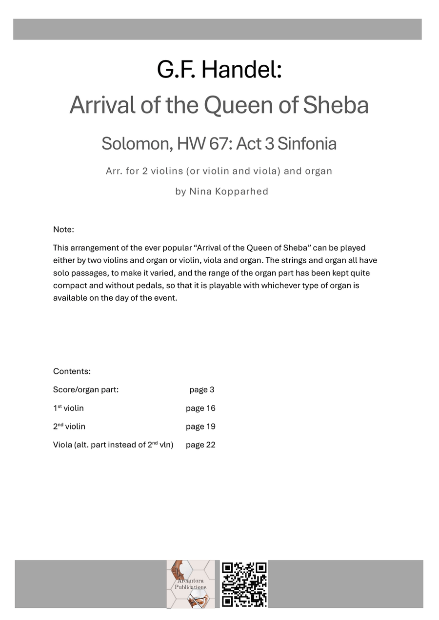 Arrival of the Queen of Sheba arr. 2vlns and organ (or vln,vla,org) String Duet scores gallery preview page 2
