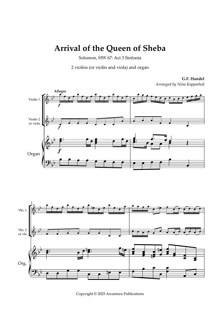 Arrival of the Queen of Sheba arr. 2vlns and organ (or vln,vla,org) String Duet scores gallery preview page 3