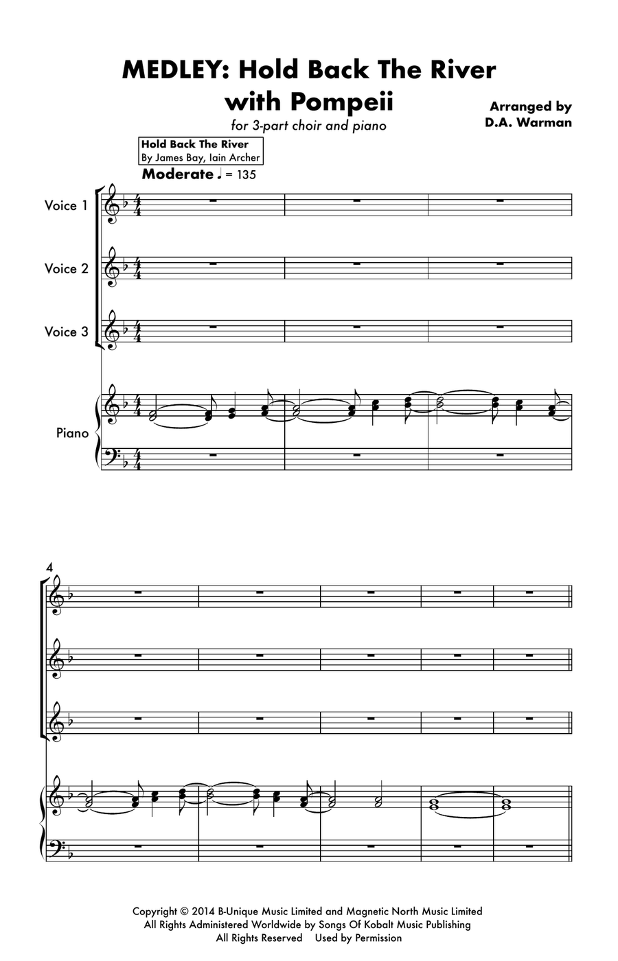 Medley: Hold Back The River with Pompeii 3-Part scores gallery preview page 1