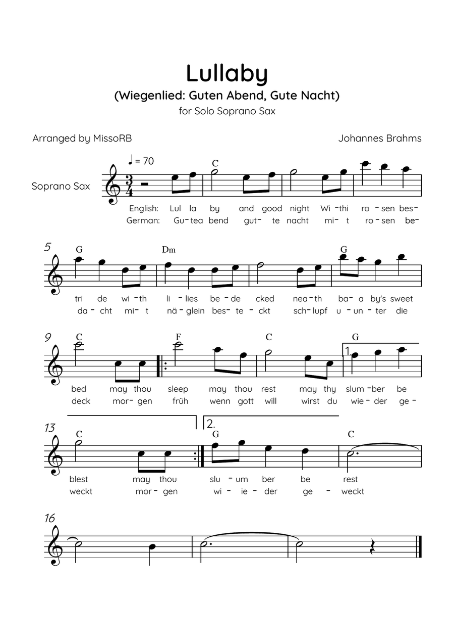Lullaby - Solo Soprano Sax in Bb Major With Chords & Lyrics in English & German - Beginner/Easy Soprano Saxophone scores gallery preview page 1