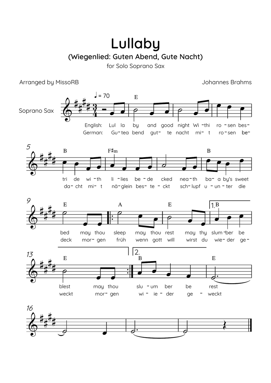 Lullaby - Solo Soprano Sax in D Major With Chords & Lyrics in English & German - Beginner/Easy Soprano Saxophone scores gallery preview page 1