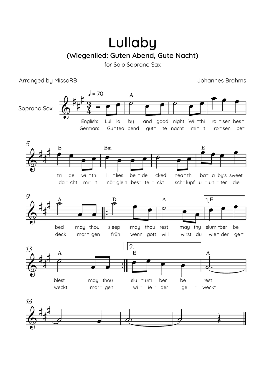 Lullaby - Solo Soprano Sax in G Major With Chords & Lyrics in English & German - Beginner/Easy Soprano Saxophone scores gallery preview page 1
