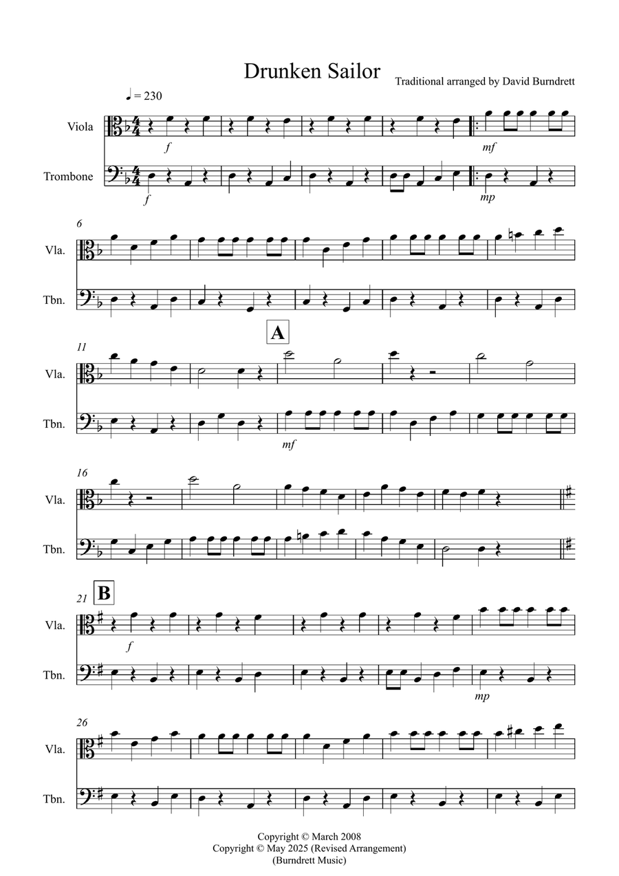 Drunken Sailor for Viola and Trombone Duet Trombone scores gallery preview page 1