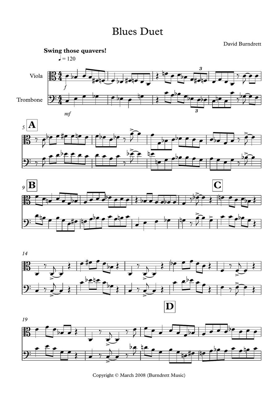 Blues Duet for Viola and Trombone Duet Trombone scores gallery preview page 1