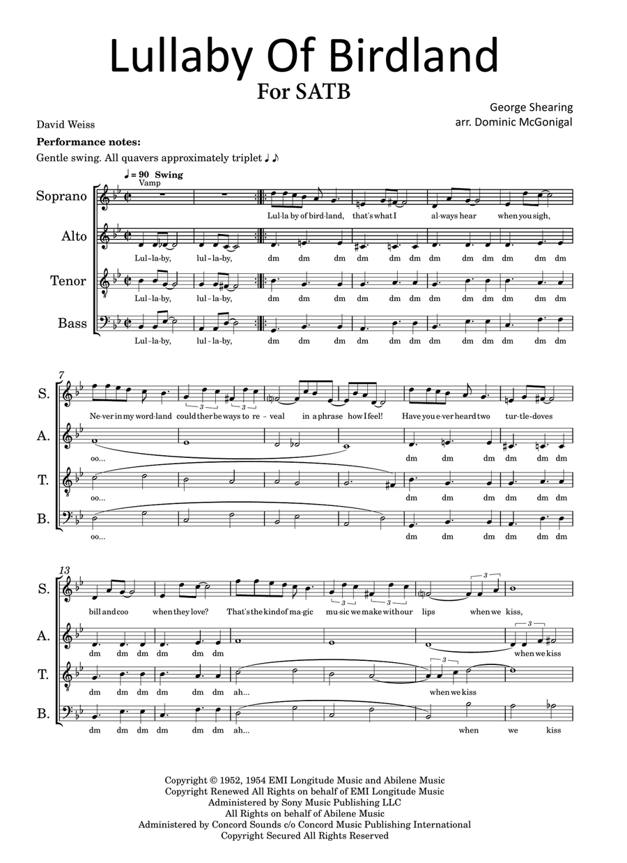 Lullaby Of Birdland Lullaby Of Birdland 4-Part scores gallery preview page 1