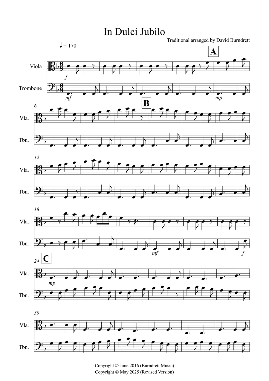 In Dulci Jubilo for Viola and Trombone Duet Trombone scores gallery preview page 1