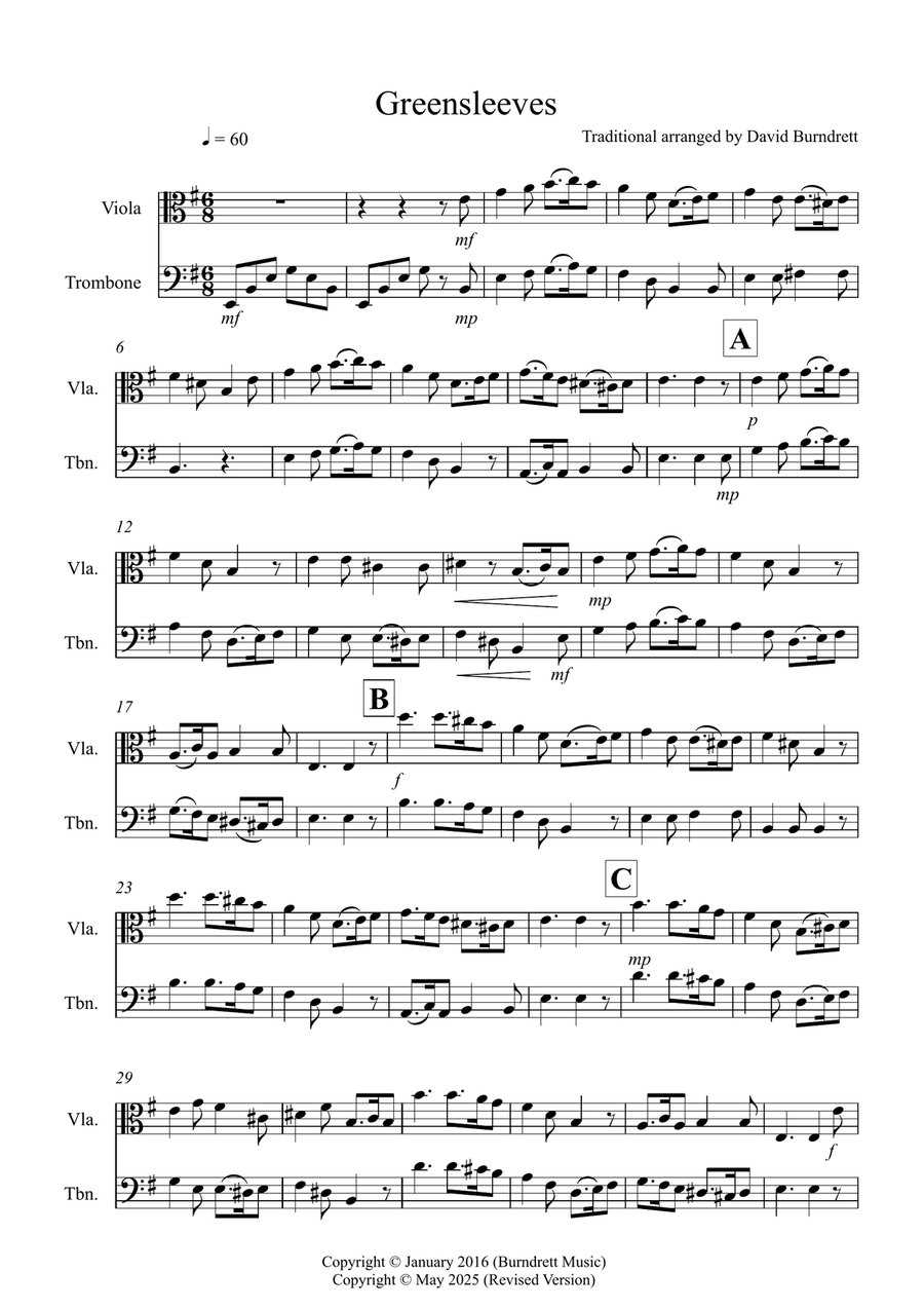 Greensleeves for Viola and Trombone Duet Trombone scores gallery preview page 1