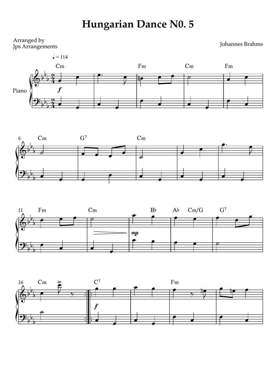 Hungarian Dance No. 5 – Easy Piano (Key of Cm) Easy Piano scores gallery preview page 1