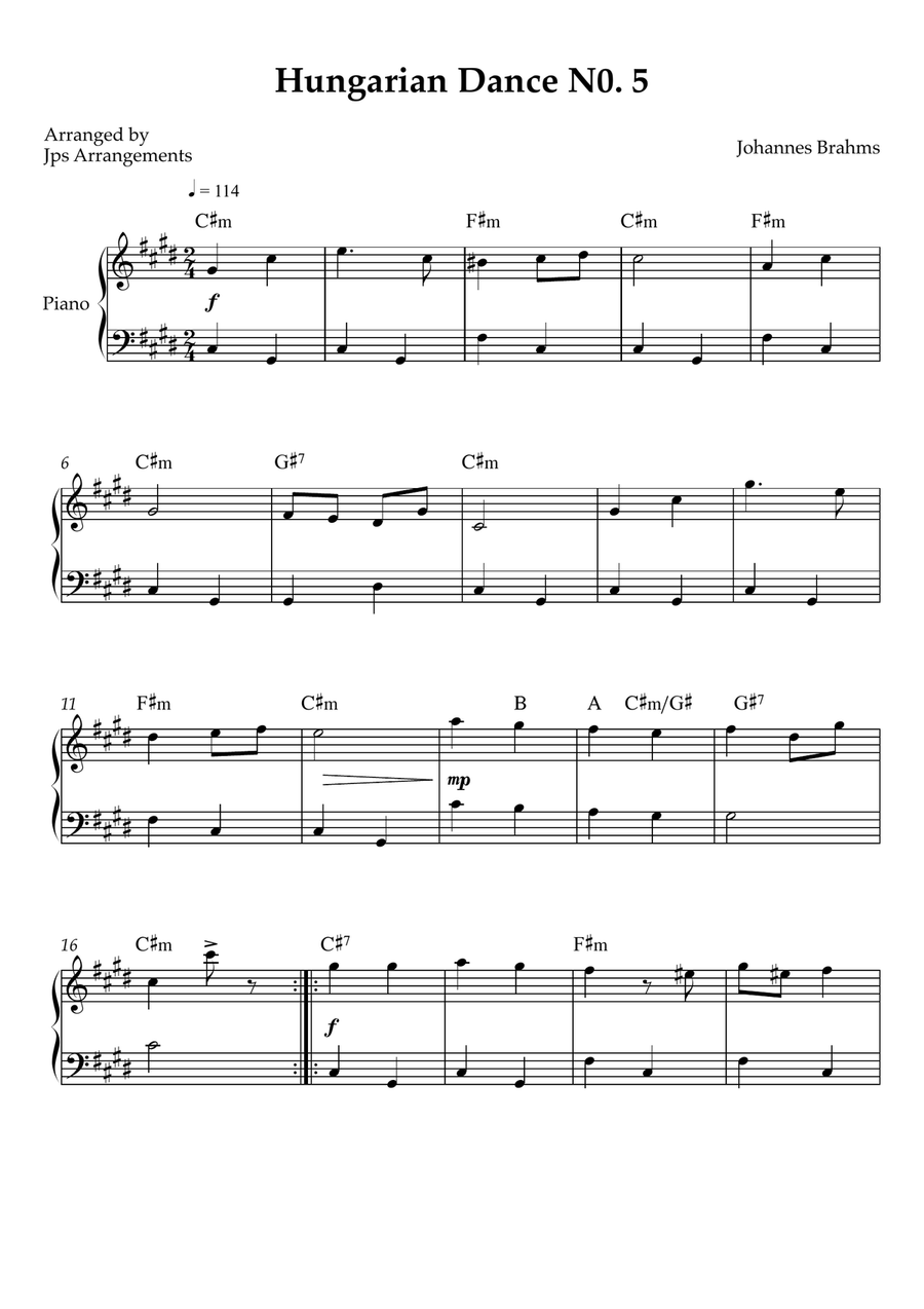 Hungarian Dance No. 5 – Easy Piano (Key of C#m) Easy Piano scores gallery preview page 1