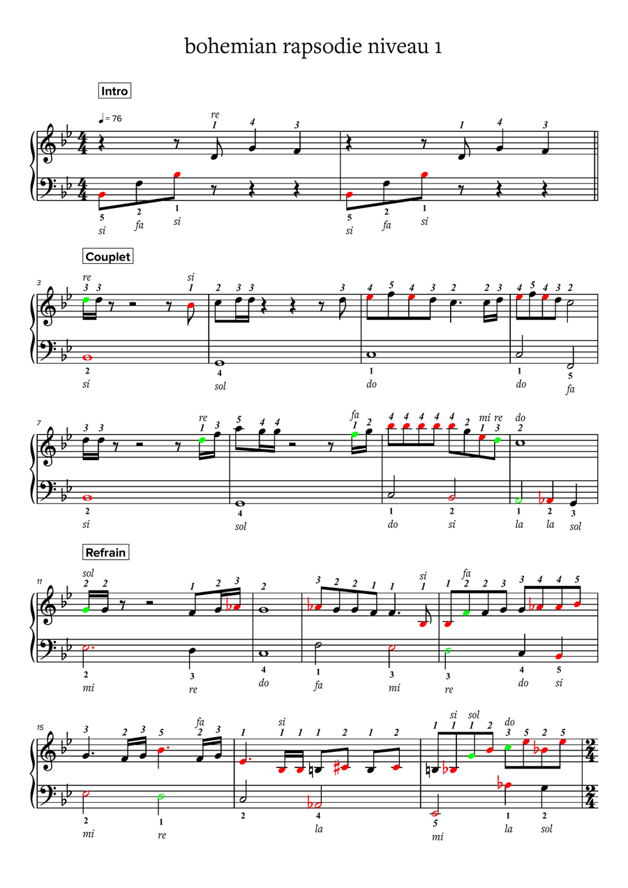 Bohemian rhapsody niveau 1 Easy Piano scores gallery preview page 1
